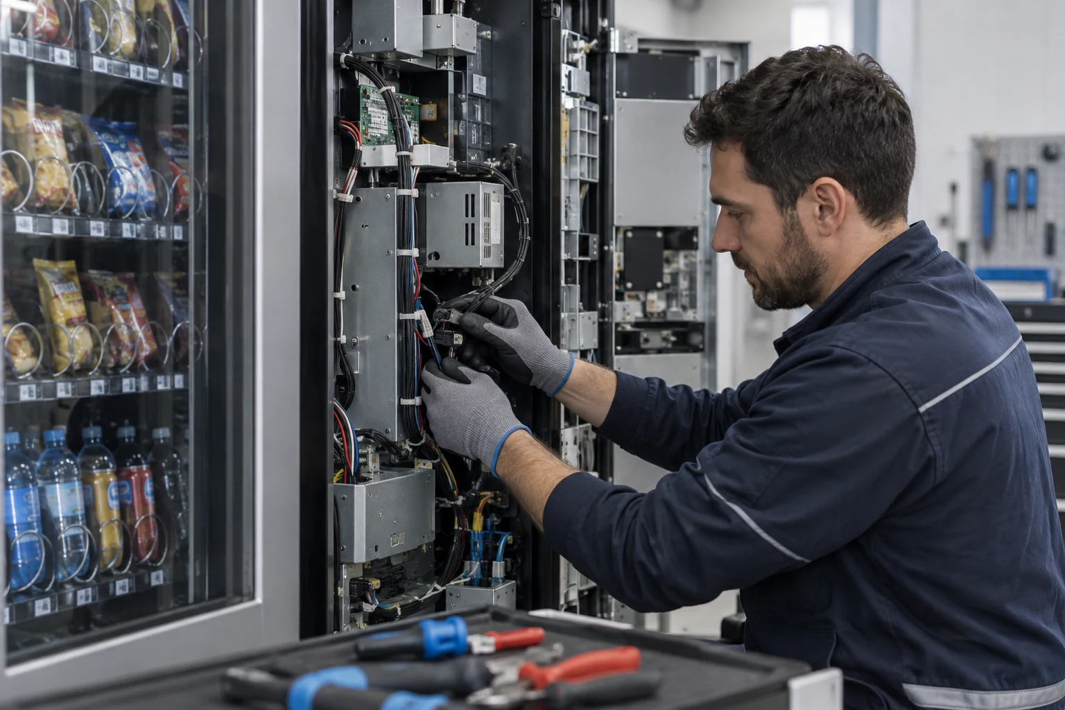Técnico conectando componentes de una máquina vending